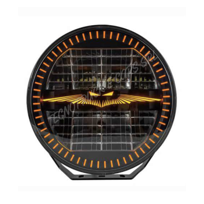 Fanale anteriore a led rotondo 12/24V con luce di posizione  bianca ed arancione ed abbagliante e fascio centrale con simbolo pi 2