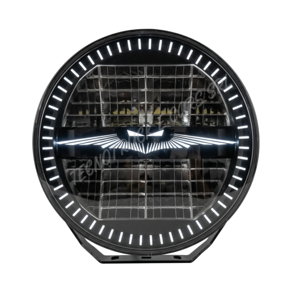 Fanale anteriore a led rotondo 12/24V con luce di posizione  bianca ed arancione ed abbagliante e fascio centrale con simbolo pi