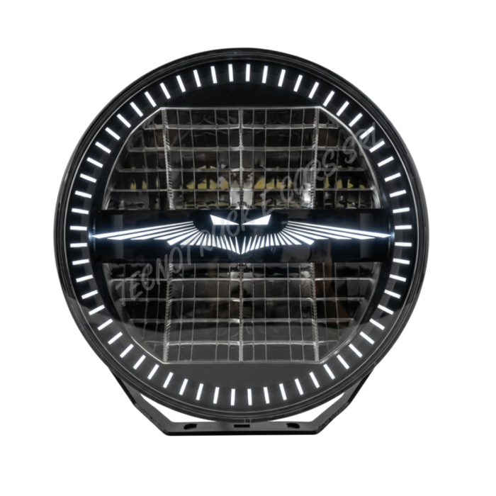 Fanale anteriore a led rotondo 12/24V con luce di posizione  bianca ed arancione ed abbagliante e fascio centrale con simbolo pi