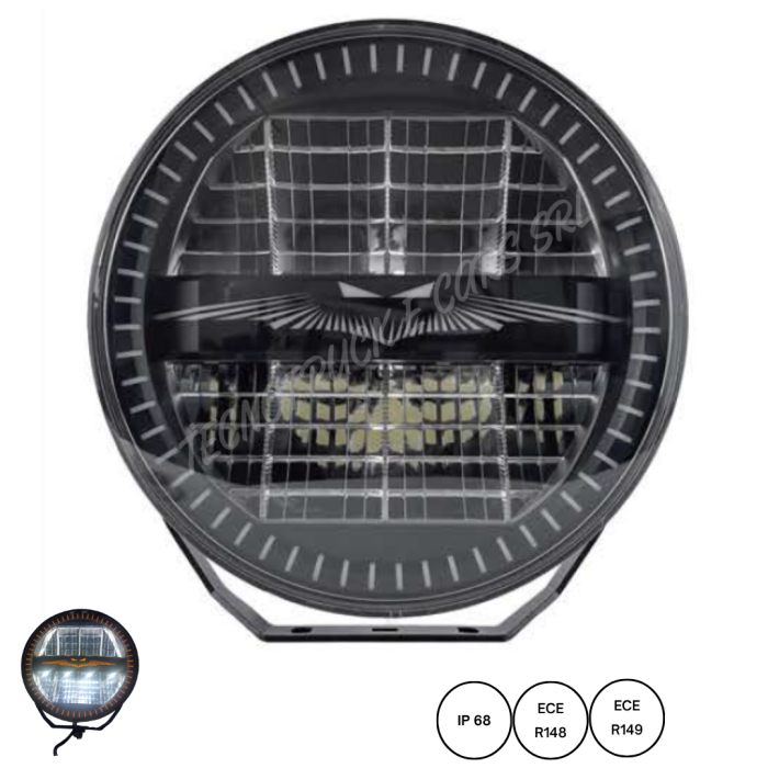 Fanale anteriore a led rotondo 12/24V con luce di posizione  bianca ed arancione ed abbagliante e fascio centrale con simbolo pi